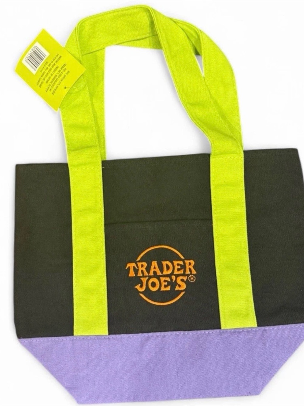 Trader Joe's Black Tote with Lime Handles and Purple Base